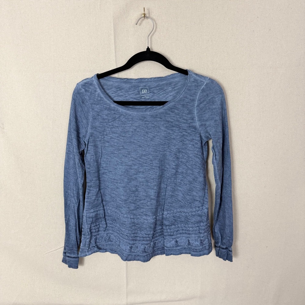 Gap Womens‎ Blue Slub Knit Long Sleeve Embroidered Hem Top XS